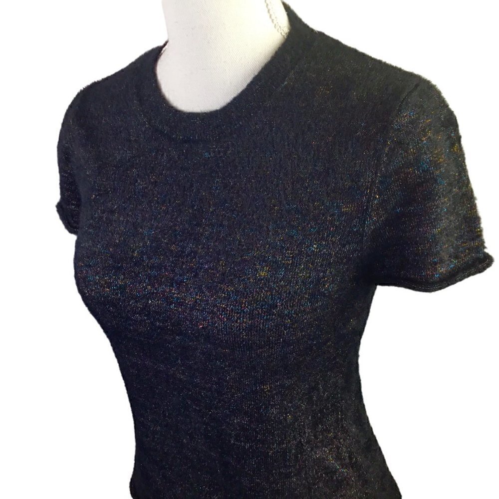 Zara Knit Metallic Thread Women's Sweater Size S Black Short Sleeve Rolled Hems